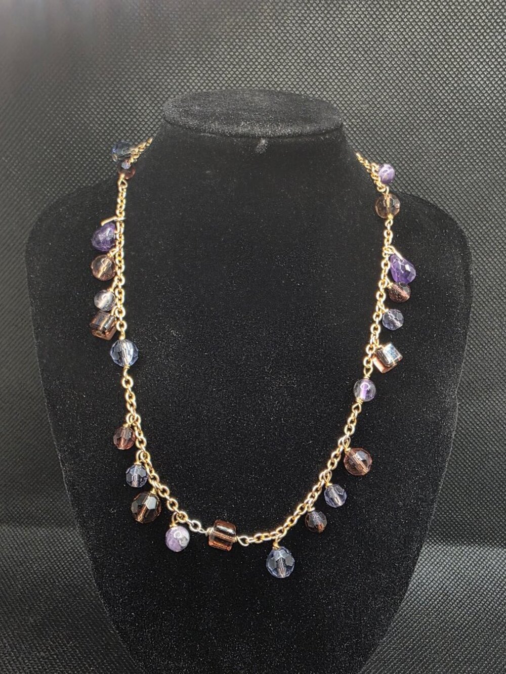 Cookie Lee Gold Tone Charm Necklace Purple Brown Glass Beads Adjustable 15"